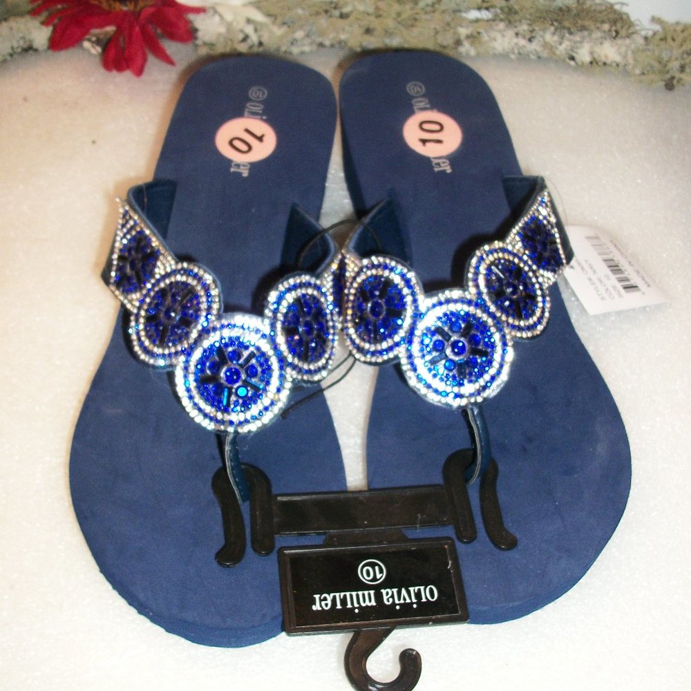 SOLD! OLIVIA MILLER Sz 10 Blue Beaded Thong Sandals NWT 1 3/4" Foam Wedge Heel - Picture 6 of 15